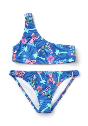Set bikini blu con top monospalla caratterizzato da personaggi dei cartoni animati e motivi tropicali. Il materiale è elastico e progettato per costumi da bagno.