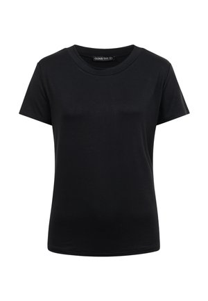 Černé tričko s krátkým rukávem a kulatým výstřihem, střih na tělo, jednobarevné, zobrazené na bílém pozadí.
