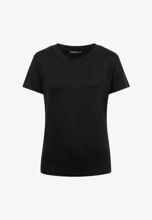 Schwarzes T-Shirt mit kurzen Ärmeln, Rundhalsausschnitt, figurbetont geschnitten und schlichtem Design, vor weißem Hintergrund dargestellt.