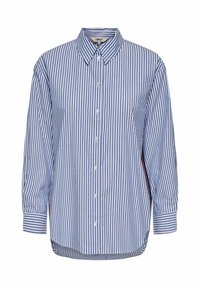 Blå og hvid stribet langærmet skjorte med krave, knaplukning foran og let rundet søm. Stoffet fremstår glat og let.