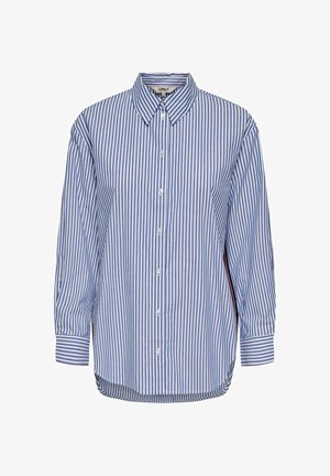 Blå og hvid stribet langærmet skjorte med krave, knaplukning foran og let rundet søm. Stoffet fremstår glat og let.