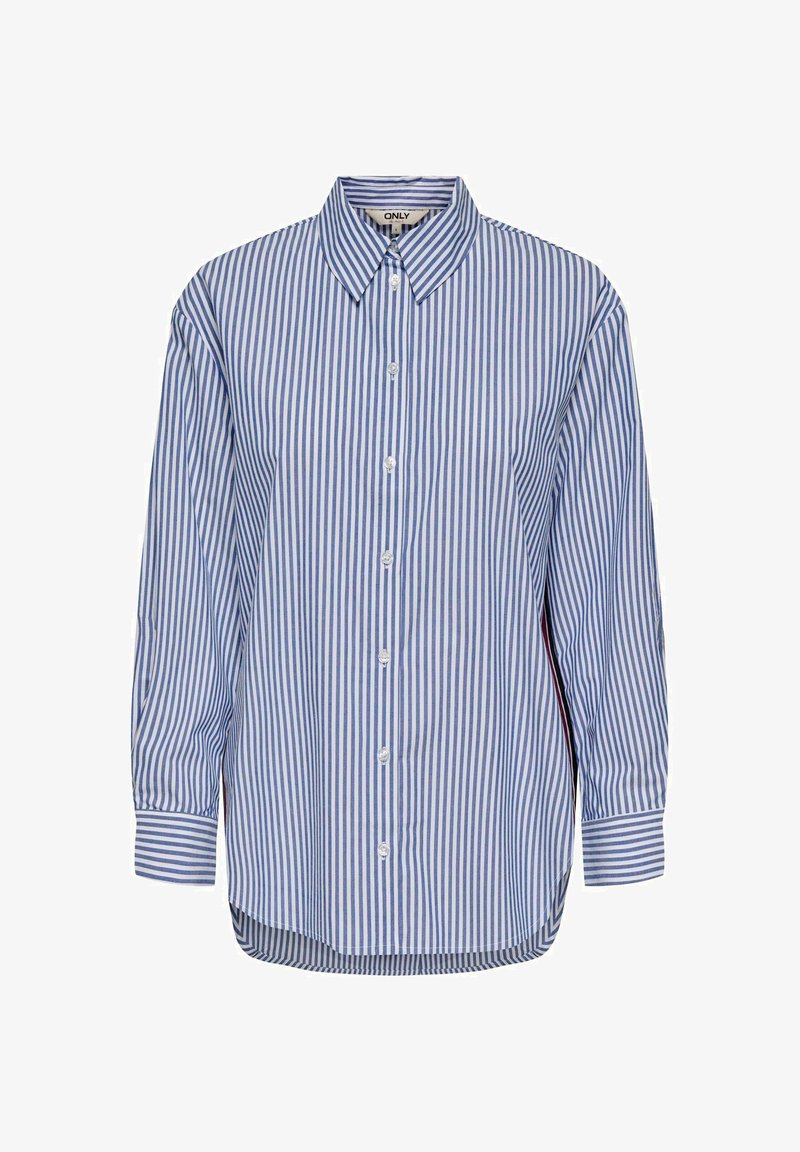 Camicia a maniche lunghe a righe blu e bianche con colletto, chiusura davanti a bottoni e orlo leggermente arrotondato. Il tessuto appare liscio e leggero.