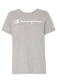 Grå bomullströja med rund halsringning, korta ärmar och vitt "Champion"-logotyper på framsidan. Litet logotyp på vänster ärm.