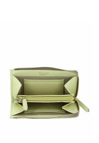Light green leather wallet with zip closure, multiple card slots, and compartments. Textured surface and logo embossed inside.