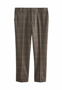 Pantaloni maro cu carouri dintr-un material texturat, având un front plat, buzunare laterale și mansete. Include un detaliu cu nasture vizibil la talie.