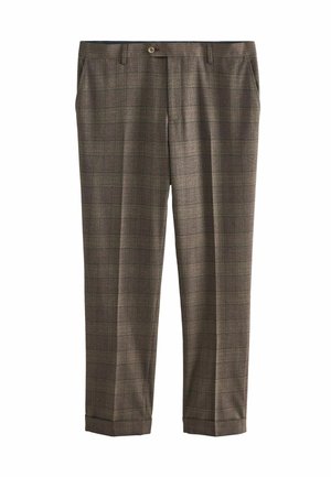 Braune Karohose aus strukturiertem Stoff, mit flachem Frontschnitt, Seitentaschen und Umschlägen. Mit sichtbarem Knopfdetail am Bund.