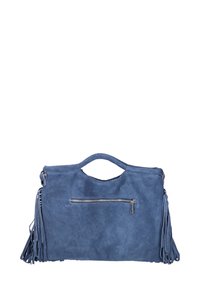 Borsa in suede blu con manico corto, tasca con zip orizzontale sulla parte frontale e frange lunghe ai lati.