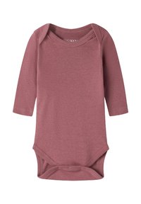 Bodysuit za bebe s dugim rukavima u boji dusty rose, napravljen od mekanog pamuka. Ima okrugli izrez i kopčanje na dnu za jednostavno oblačenje.