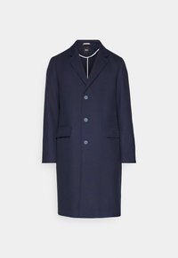 Marinblå ullkappa med notched lapel, enkelknäppt design, tre knappar, två framfickor och en slät yta.