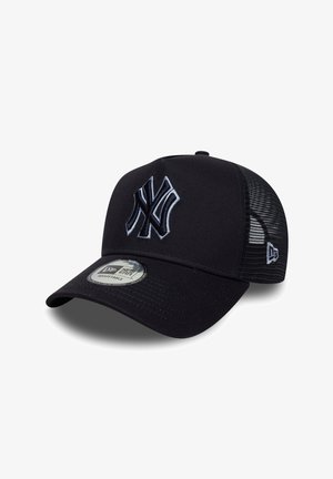 Schwarze Baseballkappe mit Netzrückseite, mit grauem, gesticktem Logo. Abgerundeter Schirm mit verstellbarem Riemen, aus atmungsaktivem Stoff gefertigt.