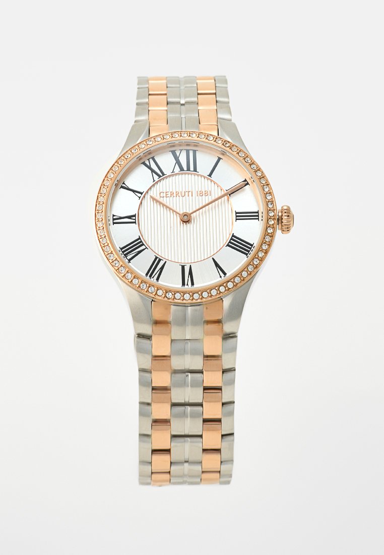 Zegarek Cerruti 1881 z bransoletą ze stali nierdzewnej w srebrnym i różowym złocie, okrągłą białą tarczą, znacznikami w postaci cyfr rzymskich i obramowaniem ozdobionym kryształami.