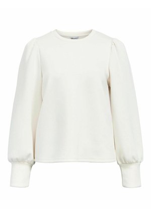 T-shirt blanc à manches longues avec un col rond, des coutures d'épaule froncées et des poignets ajustés. Tissu doux avec une texture lisse.