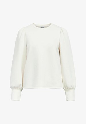 Valge pikkade varrukatega topp ümmarguse kaelusega, kogutud õmblustega õlgadel ja keha külge liibuvate mansettidega. Pehme kangas sileda tekstuuriga.