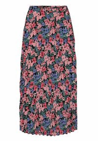 Gonna floreale con cintura elastica, con un fondo nero adornato da fiori rosa, rossi e blu in un motivo variegato.