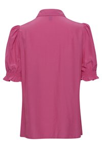 Short-sleeve pink blouse with a collar, featuring puffed sleeves, gathered cuffs, and a smooth, lightweight fabric. Back view.