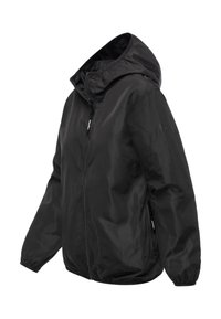 Black lightweight jacket with a hood, featuring a front zipper, elastic cuffs, and side zippered pockets. Smooth texture and water-resistant material.