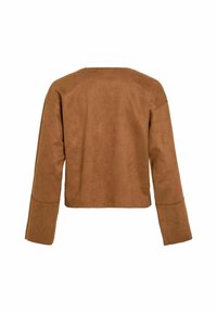 Veste cropped en suède synthétique marron avec des manches longues, des poignets légèrement évasés, et un design simple et épuré. Pas de fermetures ni de décorations visibles.