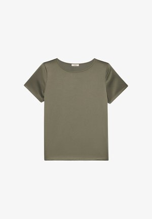 T-shirt à manches courtes vert olive en tissu lisse, avec un col rond et une coupe décontractée, présentant un design minimaliste sans détails supplémentaires.