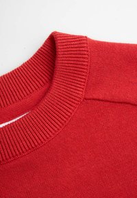 Czerwony sweter z prążkowanym, okrągłym dekoltem i gładką fakturą. Tkanina wydaje się miękka i lekka, w jednolitym kolorze bez wzorów.