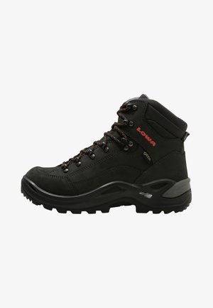 Black hiking boot with suede and synthetic upper, waterproof Gore-Tex lining, rubber sole, metal eyelets, and orange accent stitching.