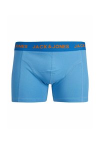 Kék pamut boxer alsónadrág, kontúrozott zsebből, kék derékkal, amelyen narancssárga betűkkel a "JACK & JONES" felirat található, valamint lapos varratokkal.