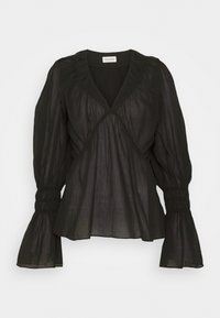 Blouse noire à manches longues avec col en V profond, manches bouffantes, poignets froncés et détails évasés aux poignets, confectionnée dans un tissu léger semi-transparent.