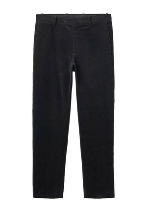 Pantaloni in velluto a coste neri con vestibilità dritta, dotati di chiusura a bottone, passanti per cintura e tasche anteriori. Texture morbida con coste sottili.