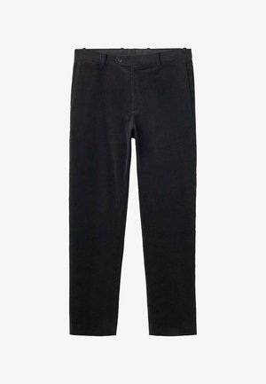 Schwarze Cordhosen mit geradem Schnitt, ausgestattet mit einem Knopfverschluss, Gürtelschlaufen und Fronttaschen. Weicher Stoff mit schmaler Rippung.