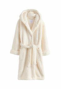 Cremfarbener, flauschiger Bademantel aus weichem Stoff. Mit Kapuze, vorderen Taschen und Bindegürtel. Lange Ärmel mit umgeschlagenen Manschetten.