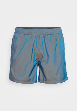 Shorts da bagno azzurri con una texture lucida e liscia, vita elastica e tasche laterali. Design semplice senza pattern o accenti visibili.