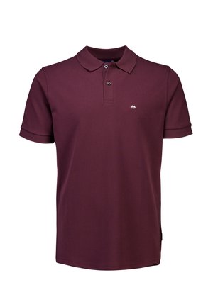 Bordowa koszulka polo z krótkim rękawem, z zapięciem na dwa guziki, złożonym kołnierzykiem i małym białym logo góry po lewej stronie klatki piersiowej.