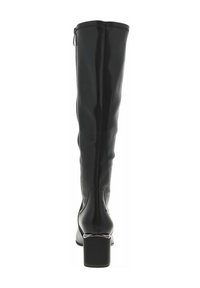 Bottes noires en cuir arrivant aux genoux, avec une texture lisse, un talon carré et une fermeture éclair à l'arrière. Présente un design minimaliste avec des coutures discrètes.