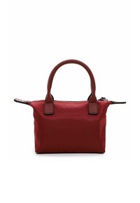 Red fabric handbag with brown leather handles, rectangular shape, zipper closure, and black stitching details. Compact design, minimalistic style.