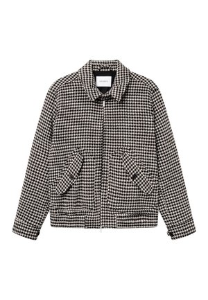 Veste homme à motif pied-de-poule noir et blanc, avec col, fermeture éclair devant et deux poches à rabat avec boutons.