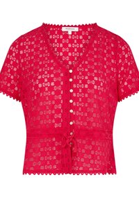 Rød bluse i blonde med korte ærmer, V-udskæring, knapdetalje, bølget kant og bindebånd i taljen. Har et blomstermønster over hele stoffet.