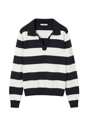 Tengerészkék és fehér csíkos kötött pulóver galléros, V-nyakú, bordázott mandzsettákkal és szegéllyel, széles vízszintes csíkokkal.
