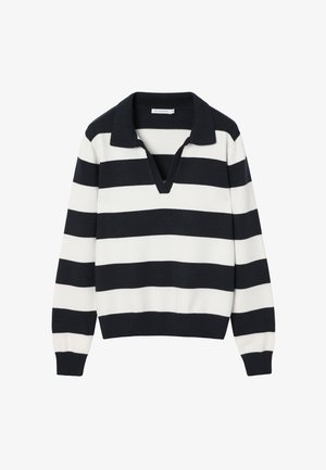 Tumsnāvijas un baltas svītrainas adītas džemperis ar polo apkakli, V veida kaklu, ribotu aproci un apakšu, kas izceļ platas horizontālas svītras.