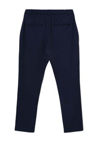 Pantalon bleu marine à coupe décontractée, avec une texture lisse, une taille élastique et deux poches arrière. Pas de matériel ou de motifs visibles.