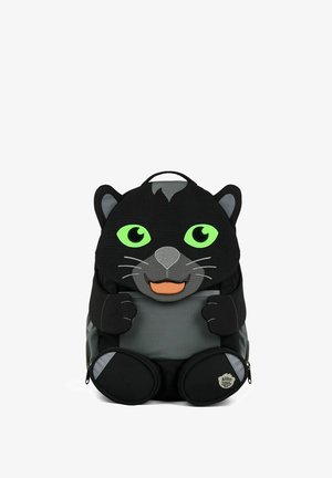Black backpack designed as a smiling cartoon panther with bright green eyes, gray nose, whiskers, and small front paws.