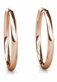 Orecchini a cerchio in oro rosa con una finitura liscia e lucida e una leggerissima curvatura. Il design è semplice e contemporaneo, privo di decorazioni.
