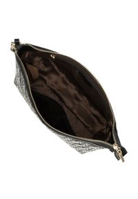 Custodia in pelle intrecciata nera con zip dorata. L'interno presenta una morbida fodera marrone. Dimensioni non specificate.