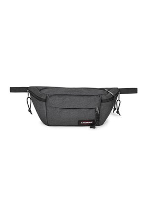 Dunkelgraue Stoff-Gürteltasche mit mehreren Reißverschlussfächern und verstellbaren Trägern, gebrandet mit einem kleinen Eastpak-Logo-Aufnäher.