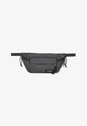 Dunkelgraue Stoff-Gürteltasche mit mehreren Reißverschlussfächern und verstellbaren Trägern, gebrandet mit einem kleinen Eastpak-Logo-Aufnäher.