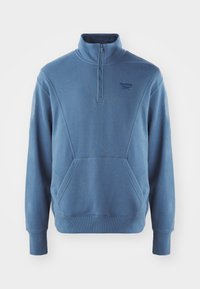 Ljusblå pullovertröja med halvlång dragkedjekrage, långa ärmar, en känguruficka och en Reebok-logotyp på bröstet. Slät textur.