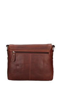 Borsa a tracolla in pelle marrone con pattina, tasca frontale con zip e cuciture tonali. Texture liscia e forma rettangolare adatta all'uso quotidiano.