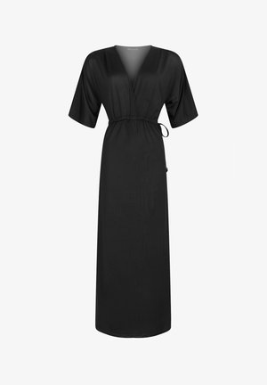 Schwarzes Wickelkleid mit tiefem V-Ausschnitt, breiten kurzen Ärmeln und verstellbarem Bindegürtel. Hergestellt aus glattem, leichtem Stoff.