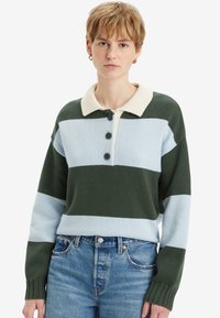 Gestreepte trui in groen, lichtblauw en crème. Beschikt over een textuurgebreide stof, een geribbelde kraag en een drie-knopen sluiting. Casual stijl.