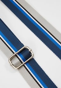 Cintura in tessuto blu navy e grigio con strisce blu, bianche e nere, con fibbia rettangolare in metallo argentato. Design in fettuccia testurizzata.