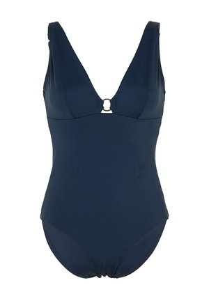 Costume intero blu navy con scollo a V profondo e piccolo anello metallico al centro davanti.