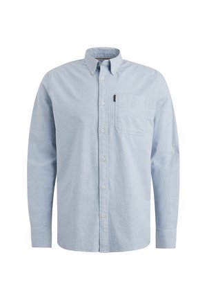 Chemise bleu clair à boutons, manches longues, poche poitrine, tissu en coton, col, fermeture à boutons à l'avant, texture légère.